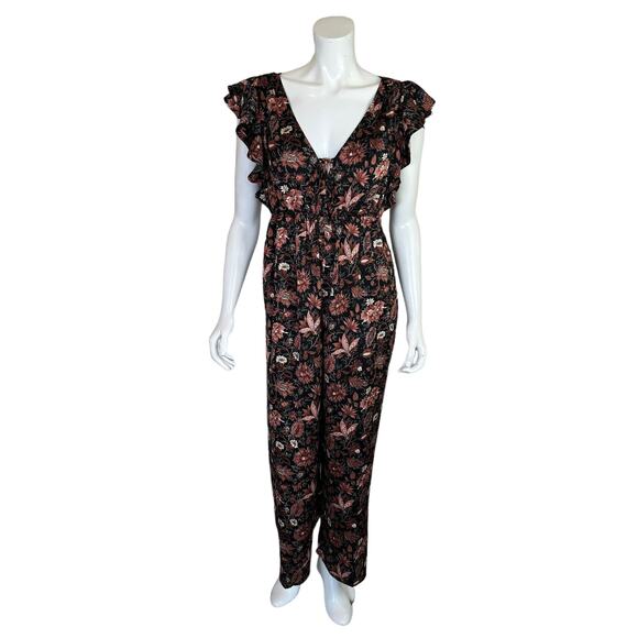 MadewellWomen's Black/Pink Deep-V Ruffled Jumpsuit in Pampas BloomsSize: S